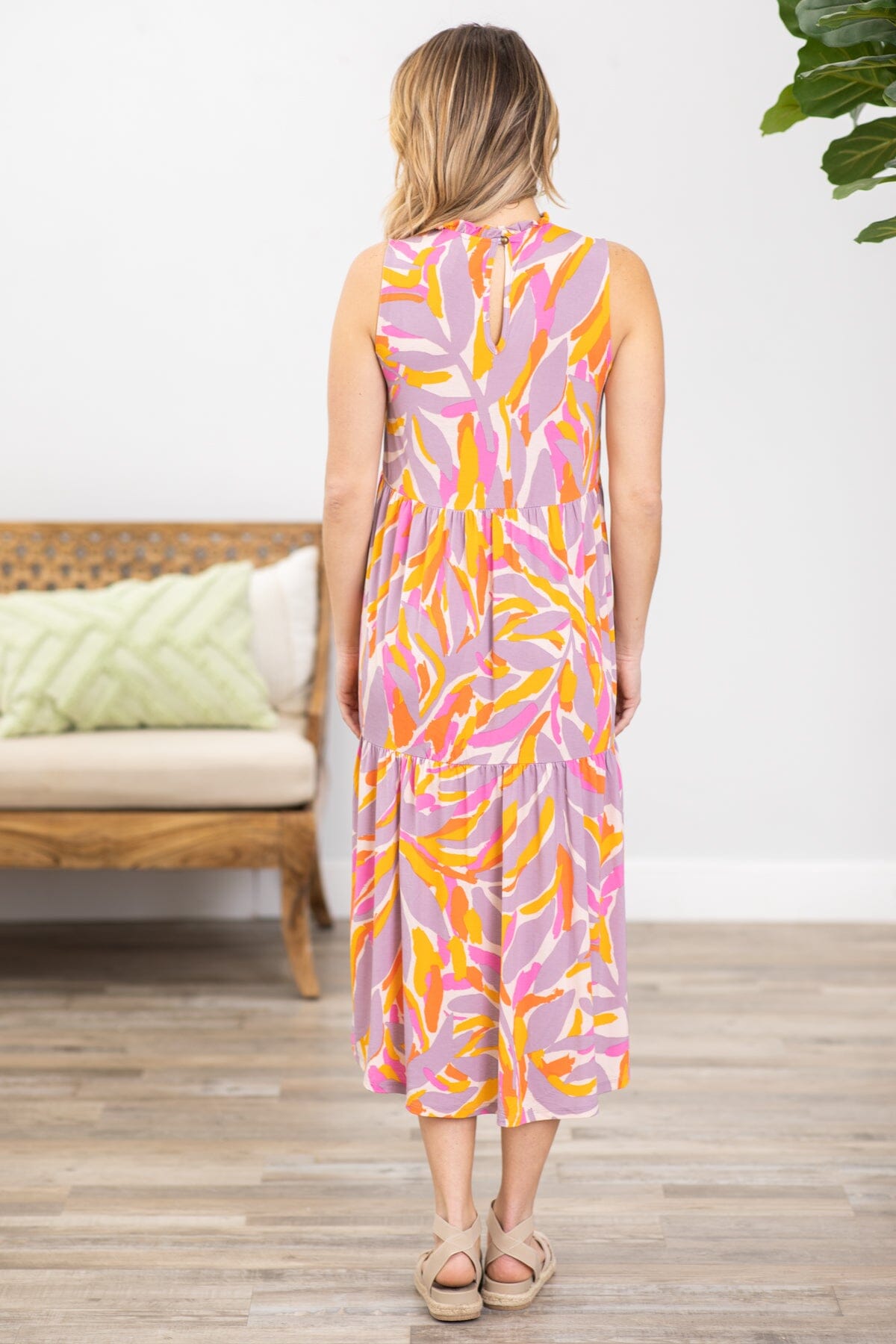 Orange and Pink Geometric Print Midi Dress - Filly Flair