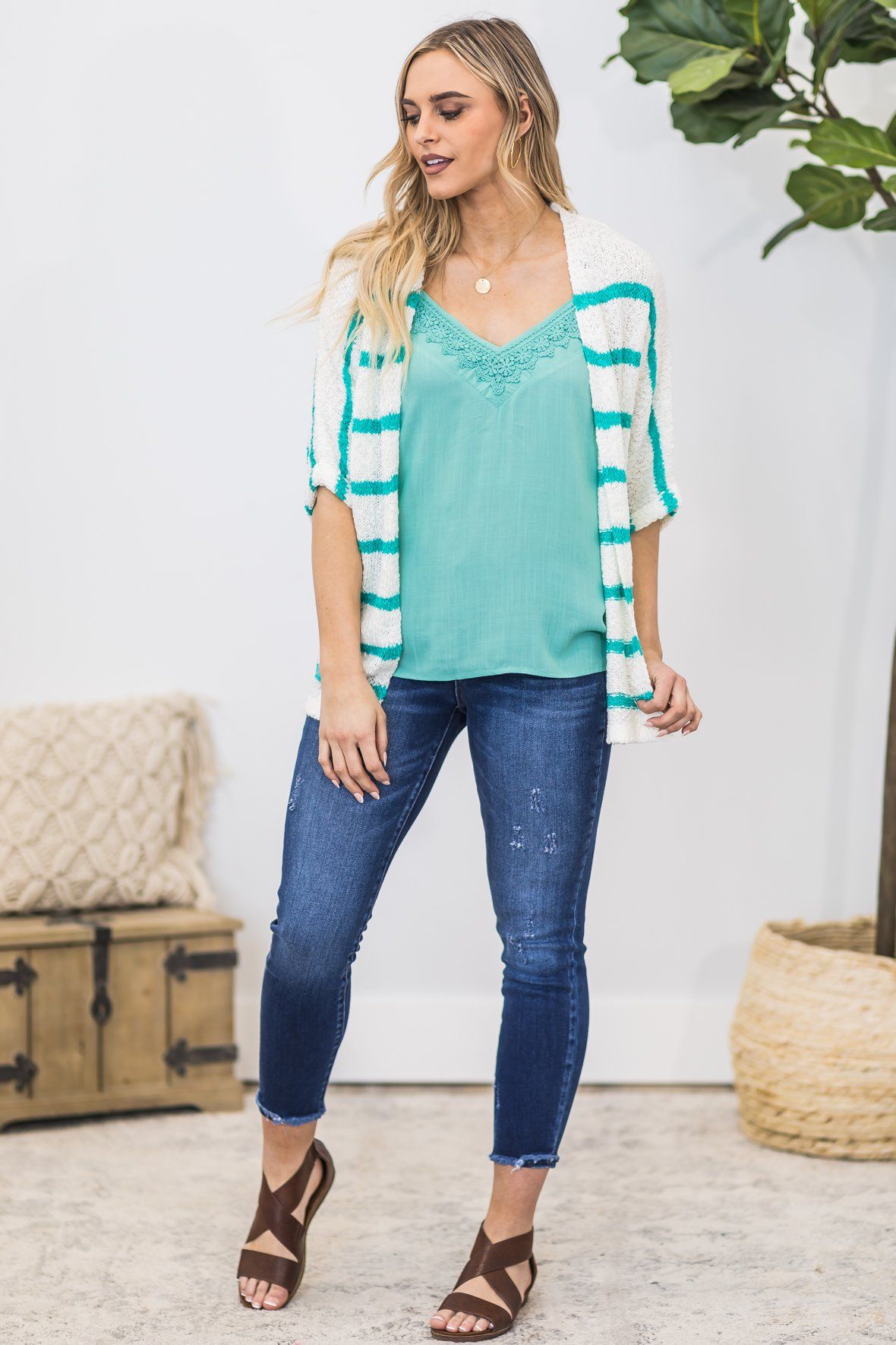 Ivory and Turquoise Striped Cardigan - Filly Flair
