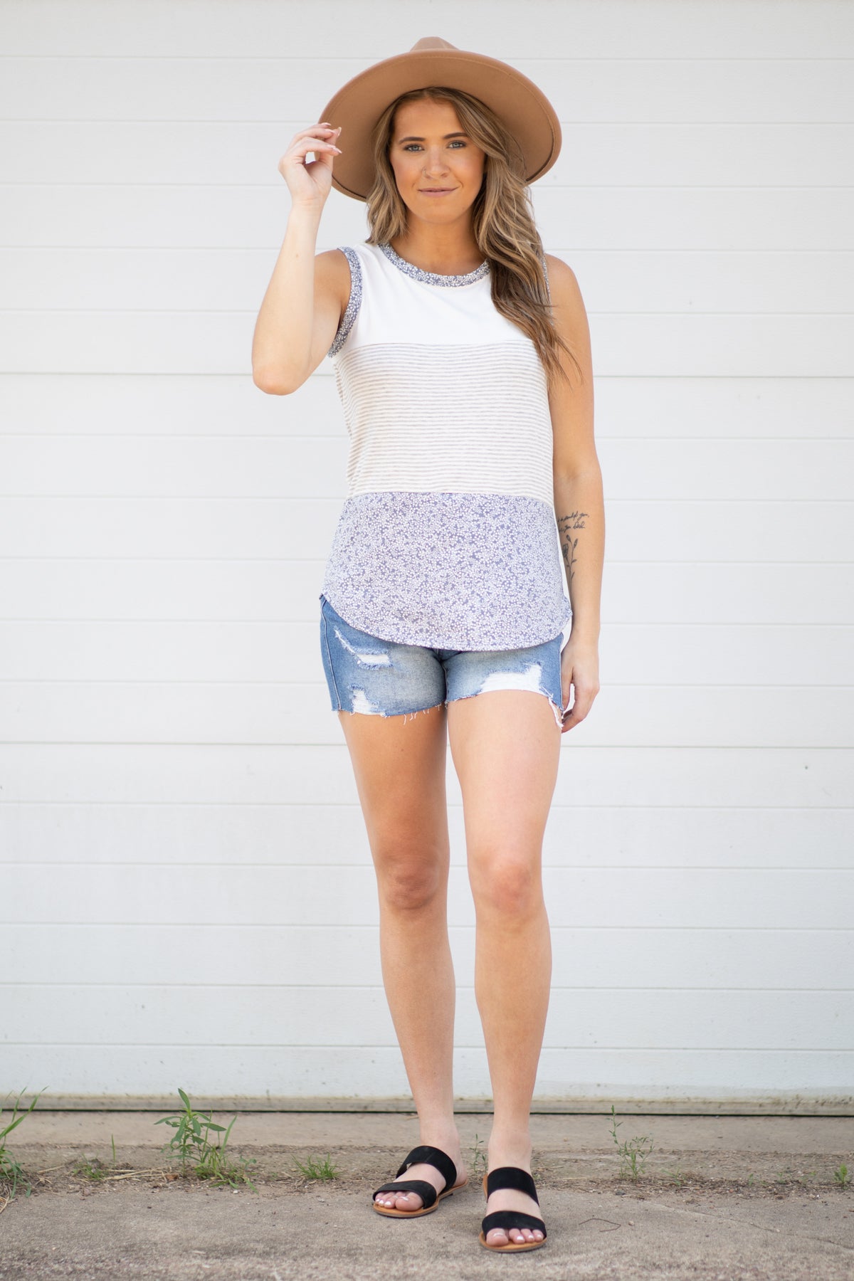 White and Dusty Blue Floral Stripe Tank - Filly Flair