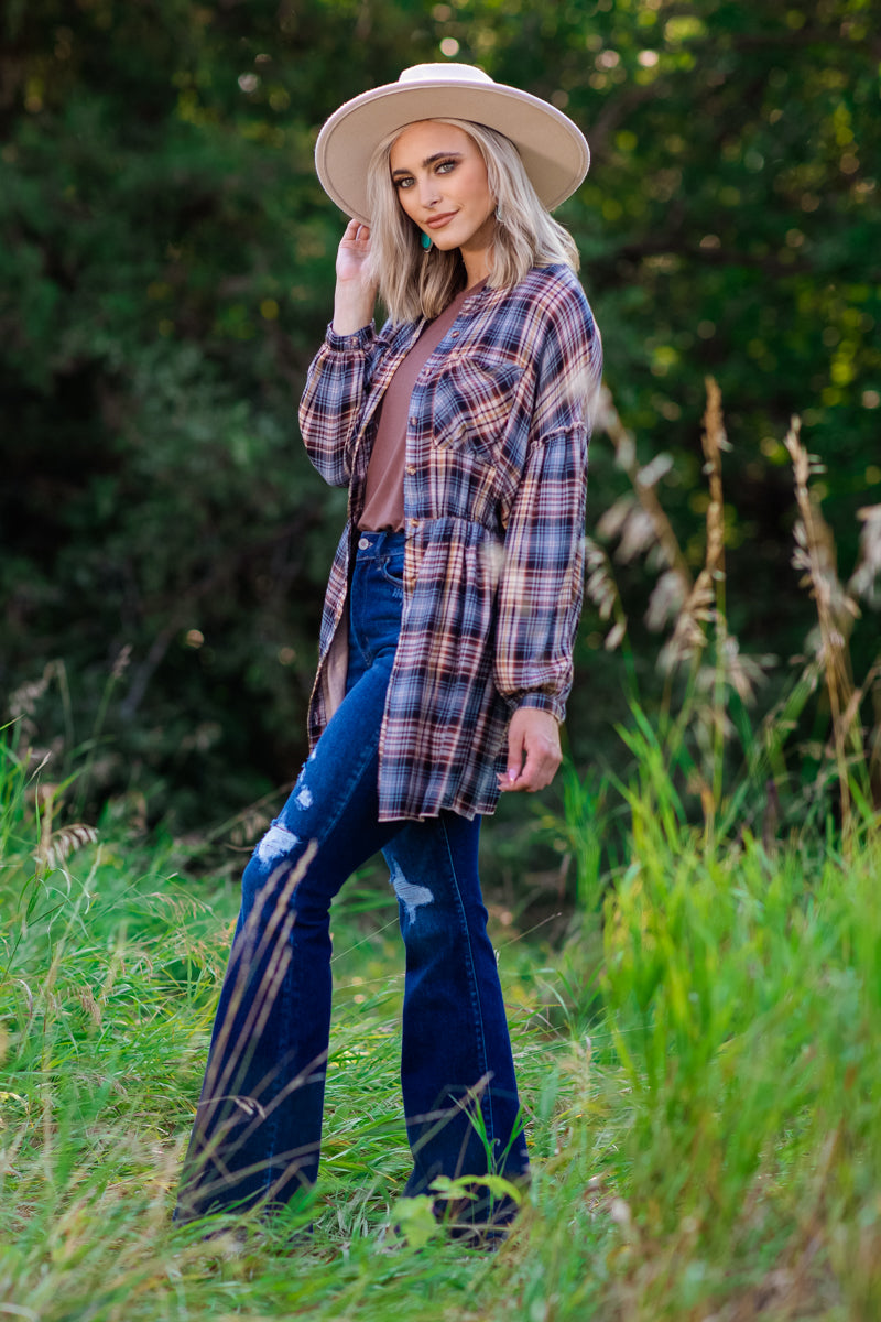 Blue and Tan Plaid Long Sleeve Top - Filly Flair
