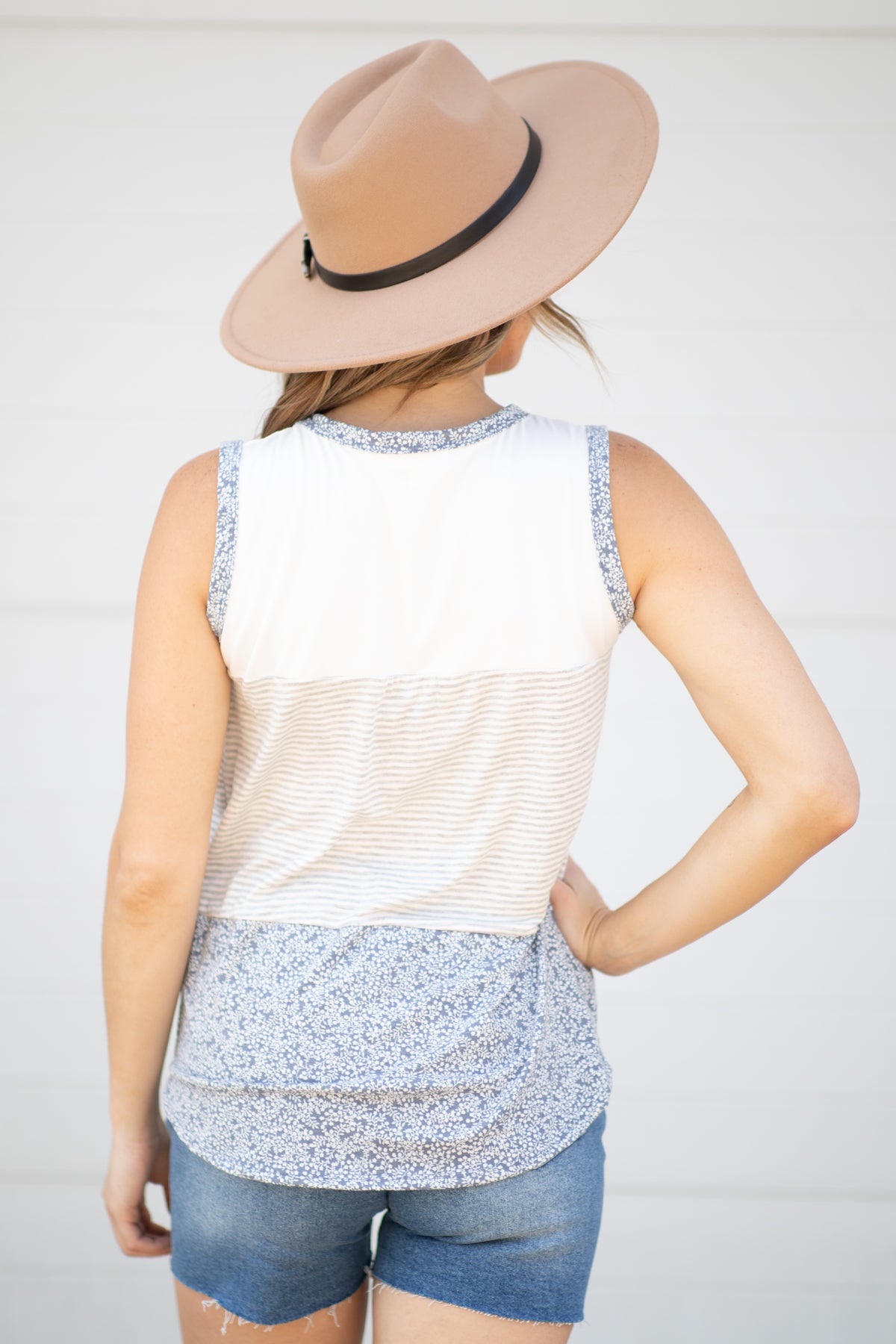 White and Dusty Blue Floral Stripe Tank - Filly Flair