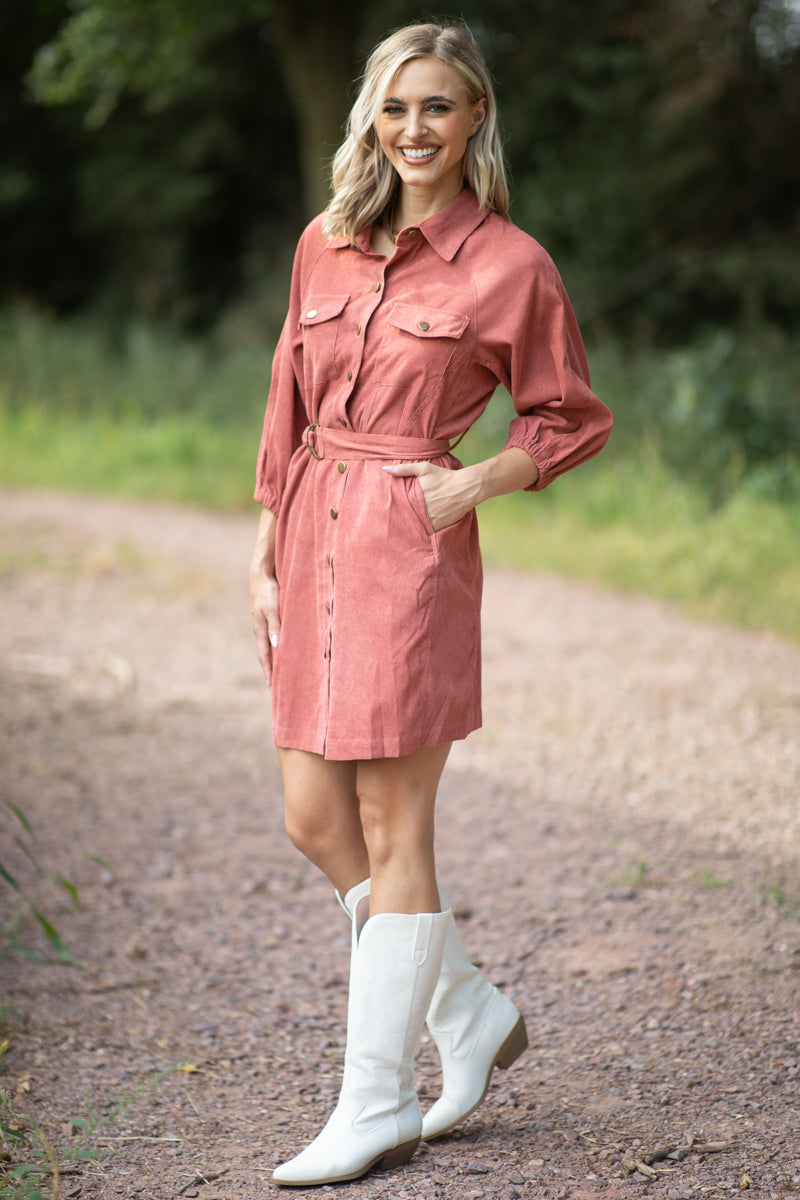 Terra Cotta Corduroy Belted Dress - Filly Flair