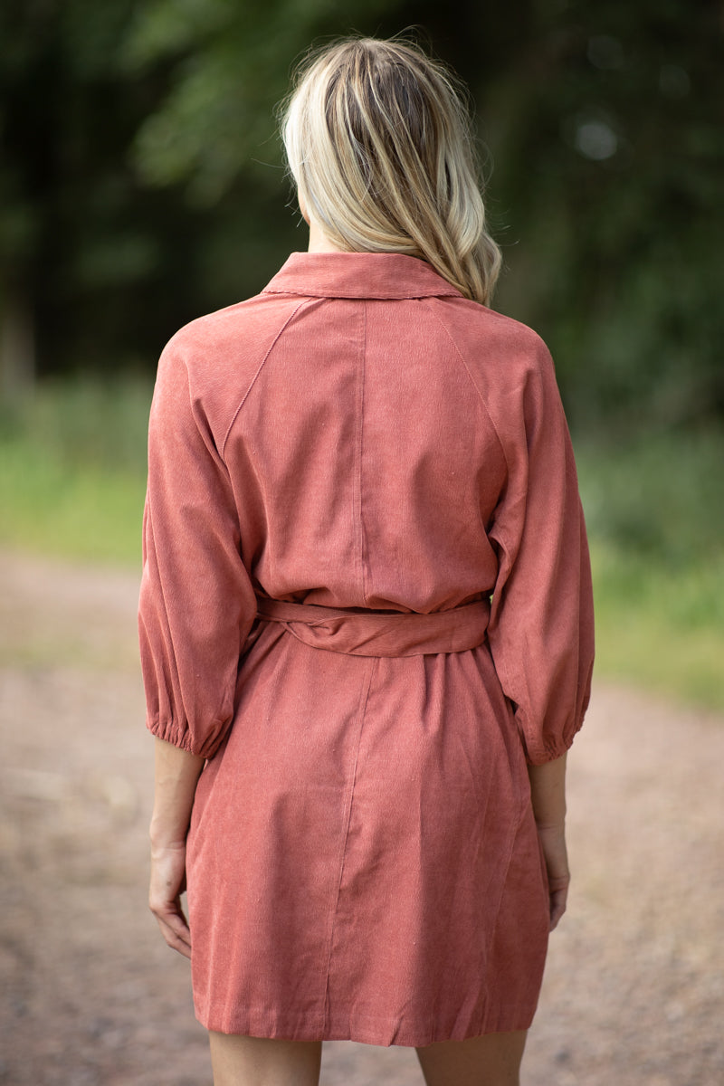 Terra Cotta Corduroy Belted Dress - Filly Flair