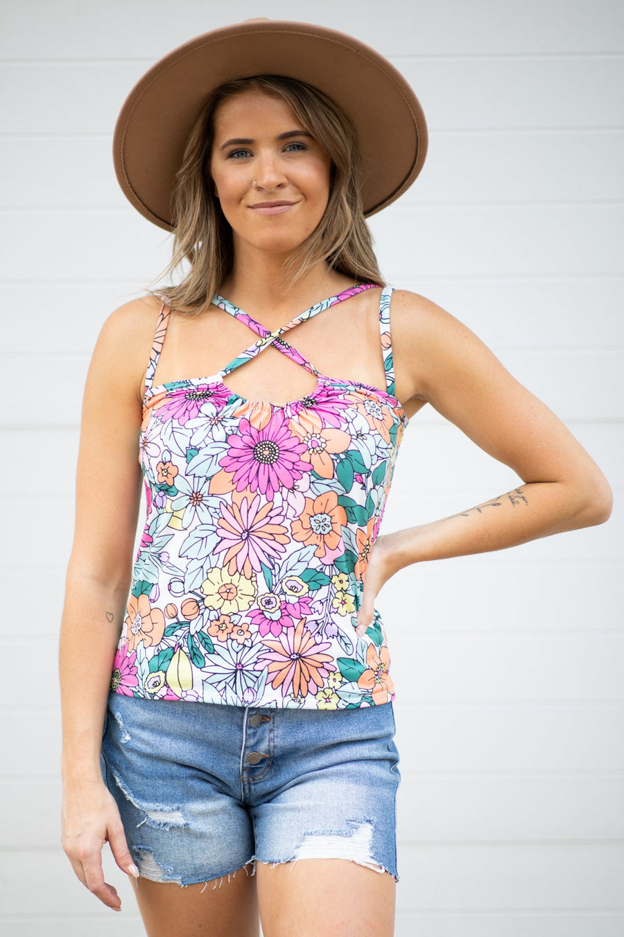 Mint and Pink Floral Criss-Cross Neck Tank - Filly Flair