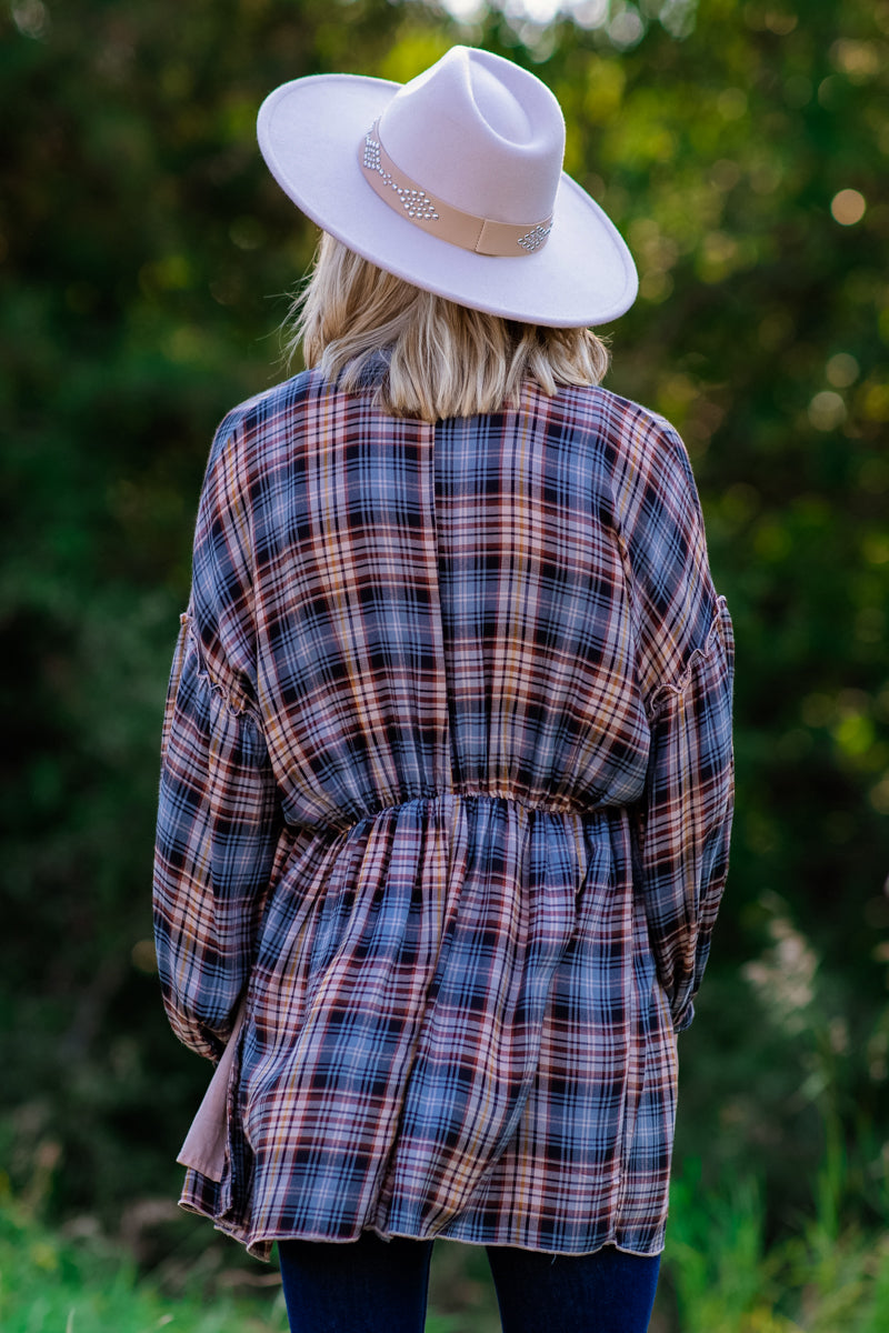 Blue and Tan Plaid Long Sleeve Top - Filly Flair