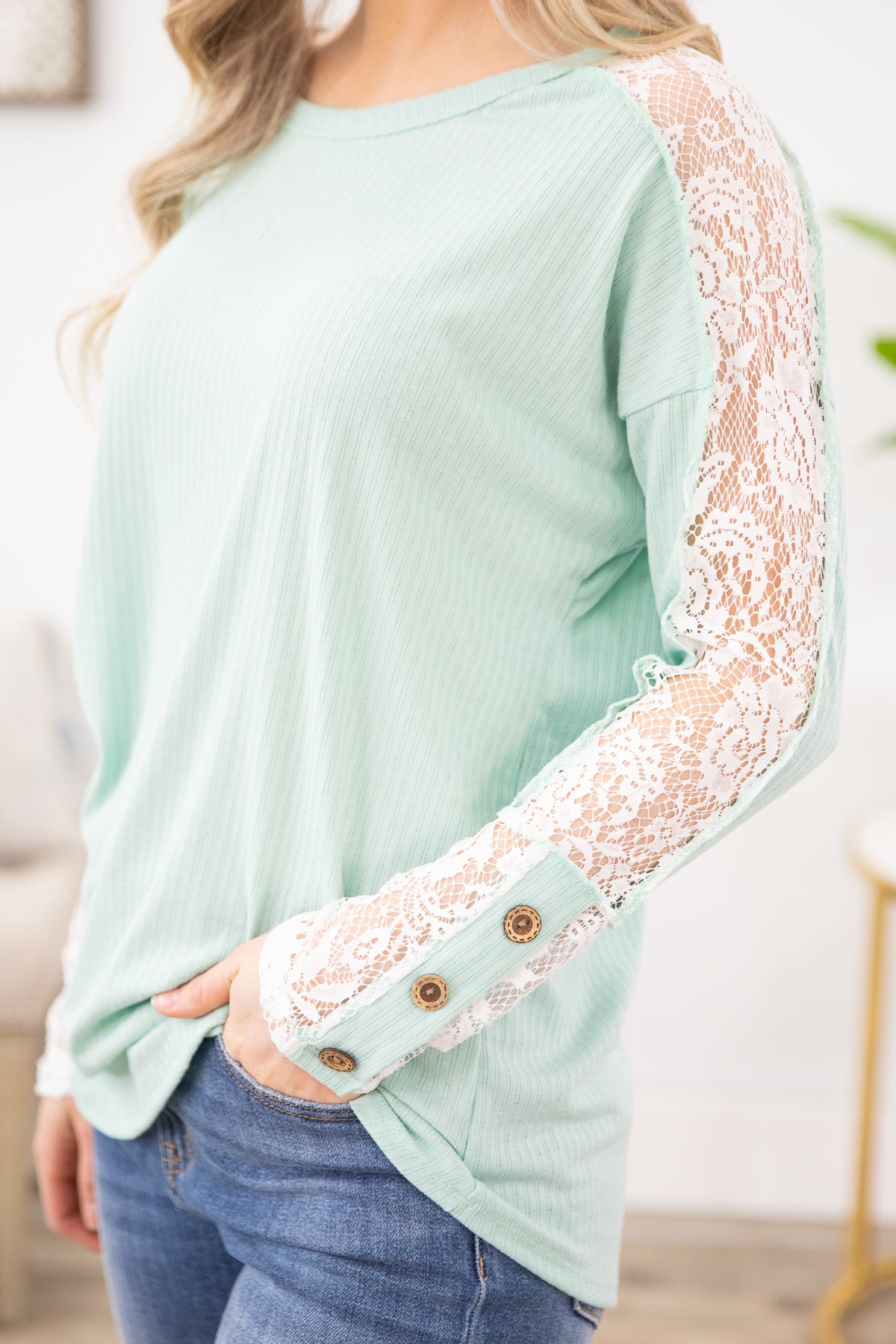 Mint Crochet Sleeve Long Sleeve Top - Filly Flair