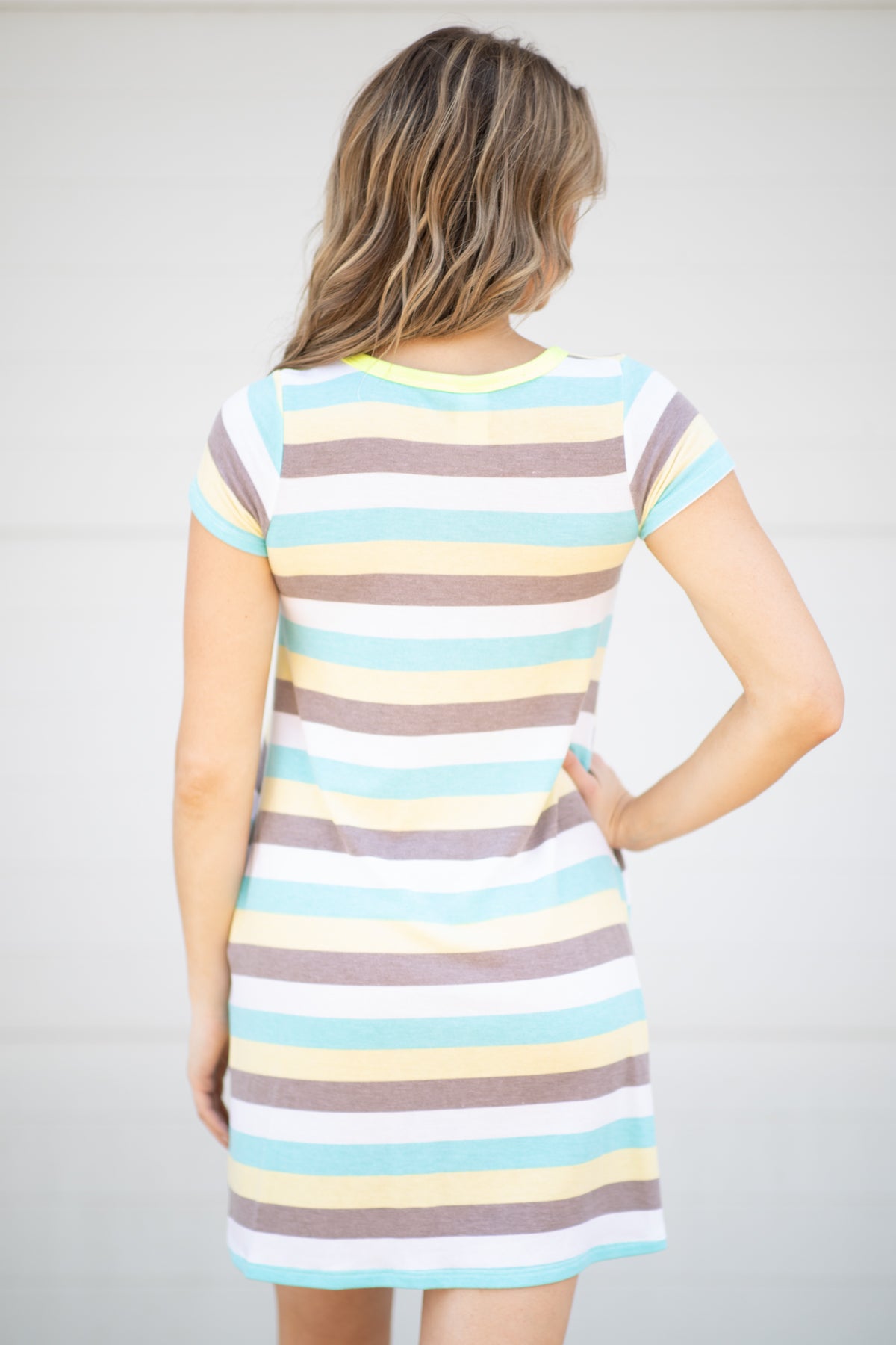 Aqua and Mocha Stripe Short Sleeve Dress - Filly Flair