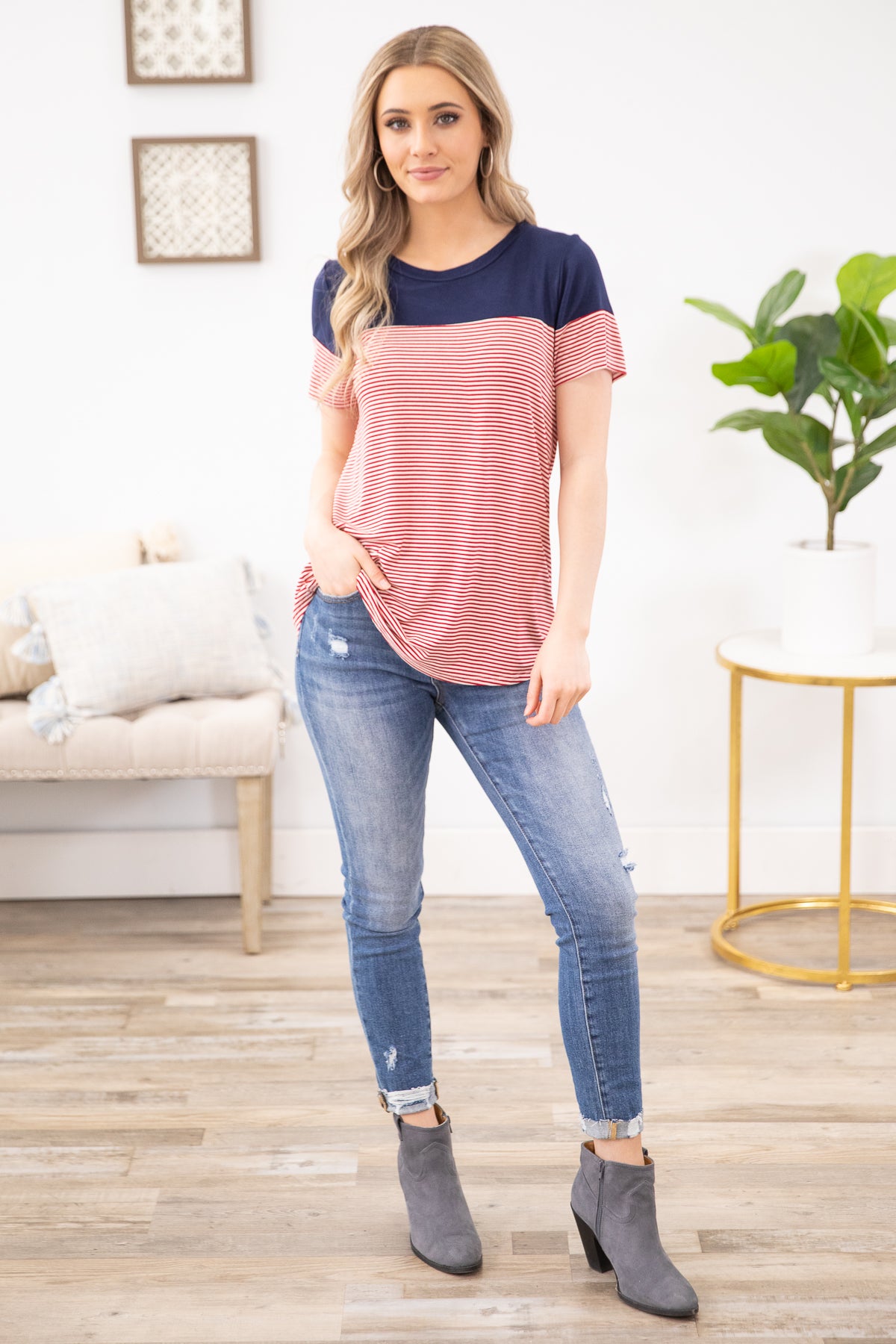Red and Navy Stripe Short Sleeve Top - Filly Flair