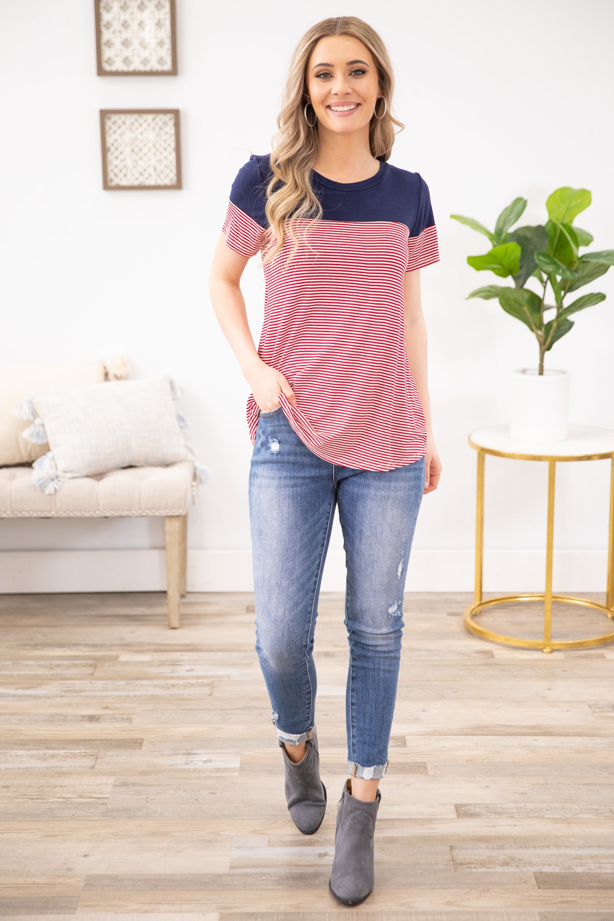 Red and Navy Stripe Short Sleeve Top - Filly Flair