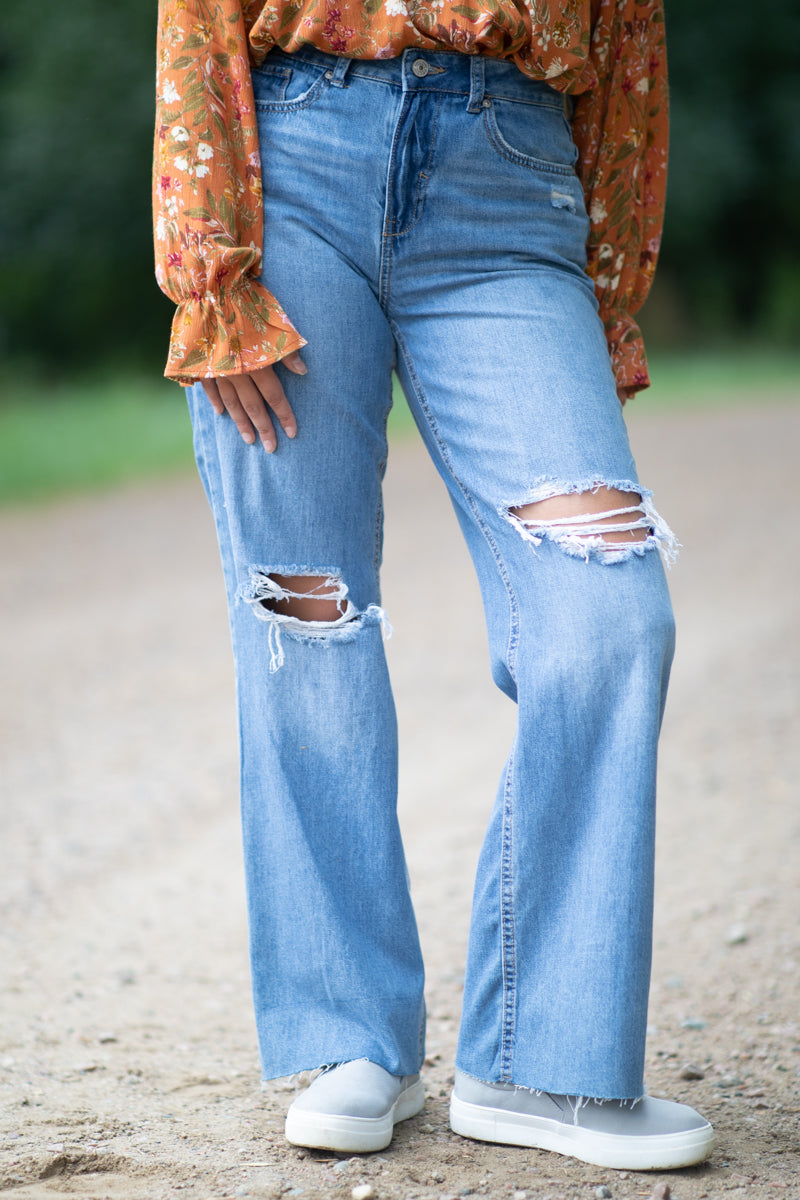 Medium Wash Distressed Knee Wide Leg Jeans - Filly Flair