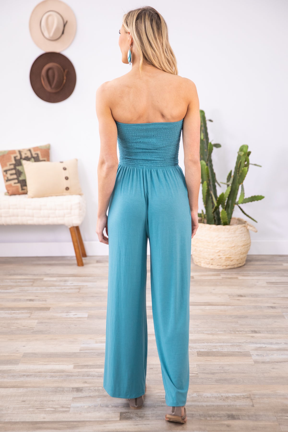 Turquoise Smocked Bodice Strapless Jumpsuit - Filly Flair