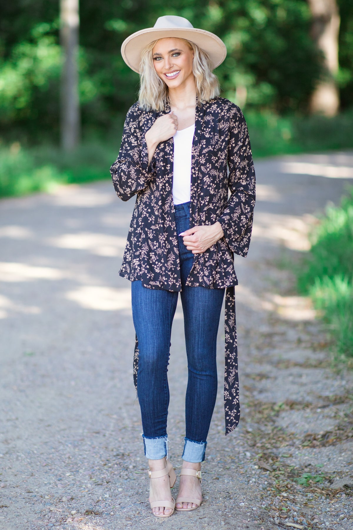 Black and Taupe Floral Tie Waist Long Blazer - Filly Flair