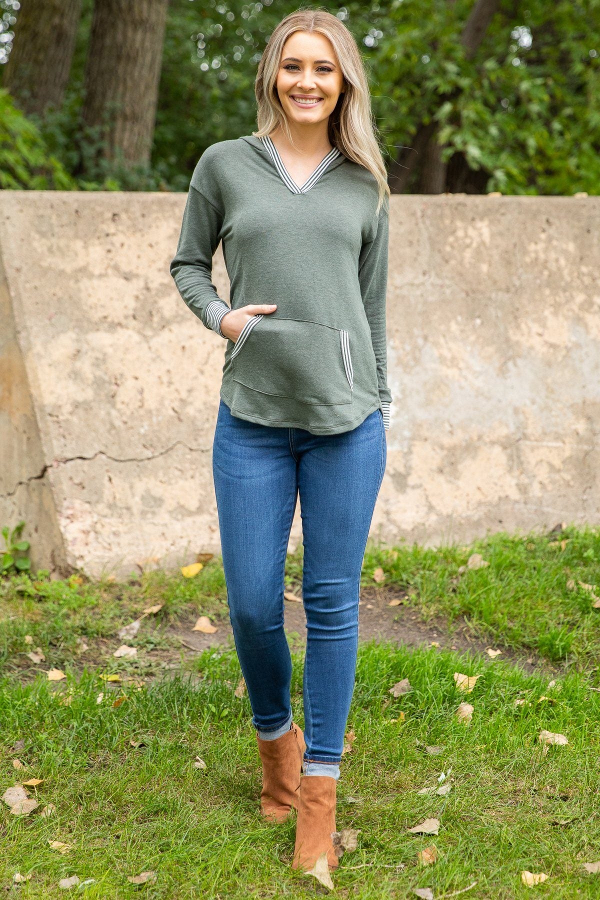 Olive Heathered Hooded Top with Stripe - Filly Flair