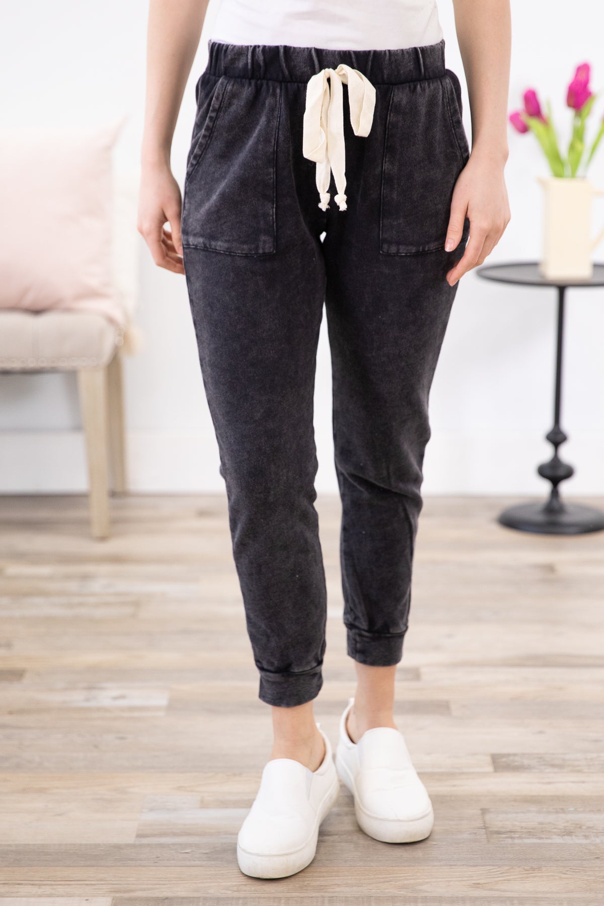 Black Washed Elastic Waist Joggers - Filly Flair
