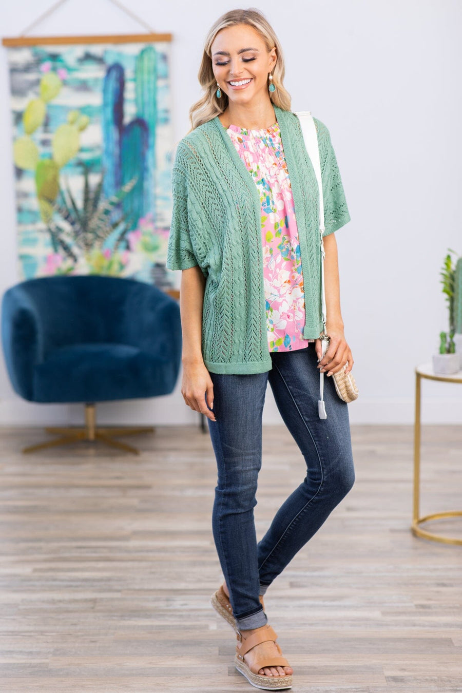 Mint Pointelle Elbow Sleeve Cardigan - Filly Flair