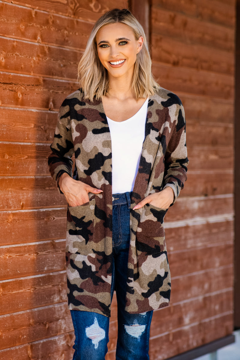Brown and Beige Camouflage Print Cardigan - Filly Flair