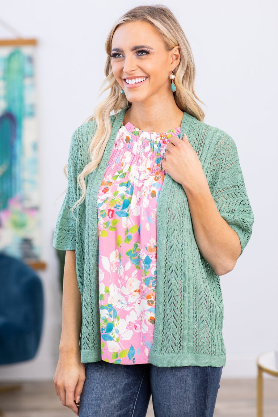 Mint Pointelle Elbow Sleeve Cardigan - Filly Flair