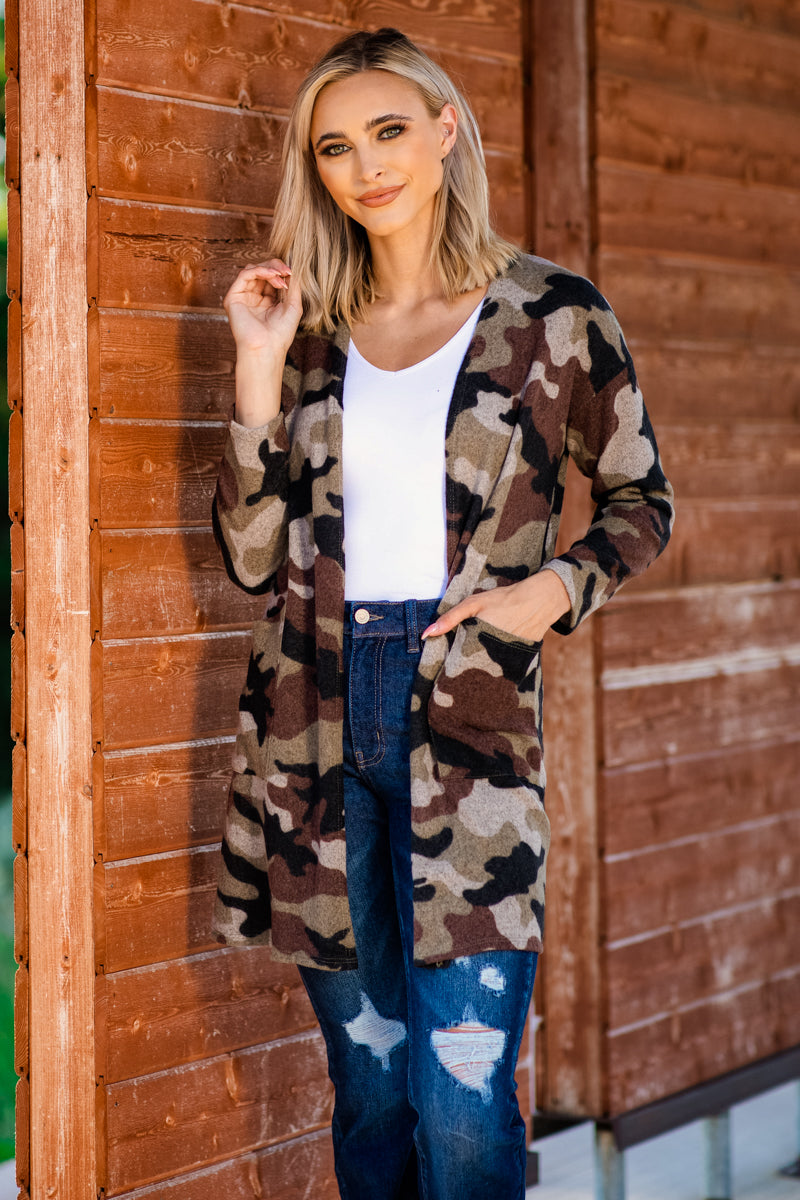 Brown and Beige Camouflage Print Cardigan - Filly Flair