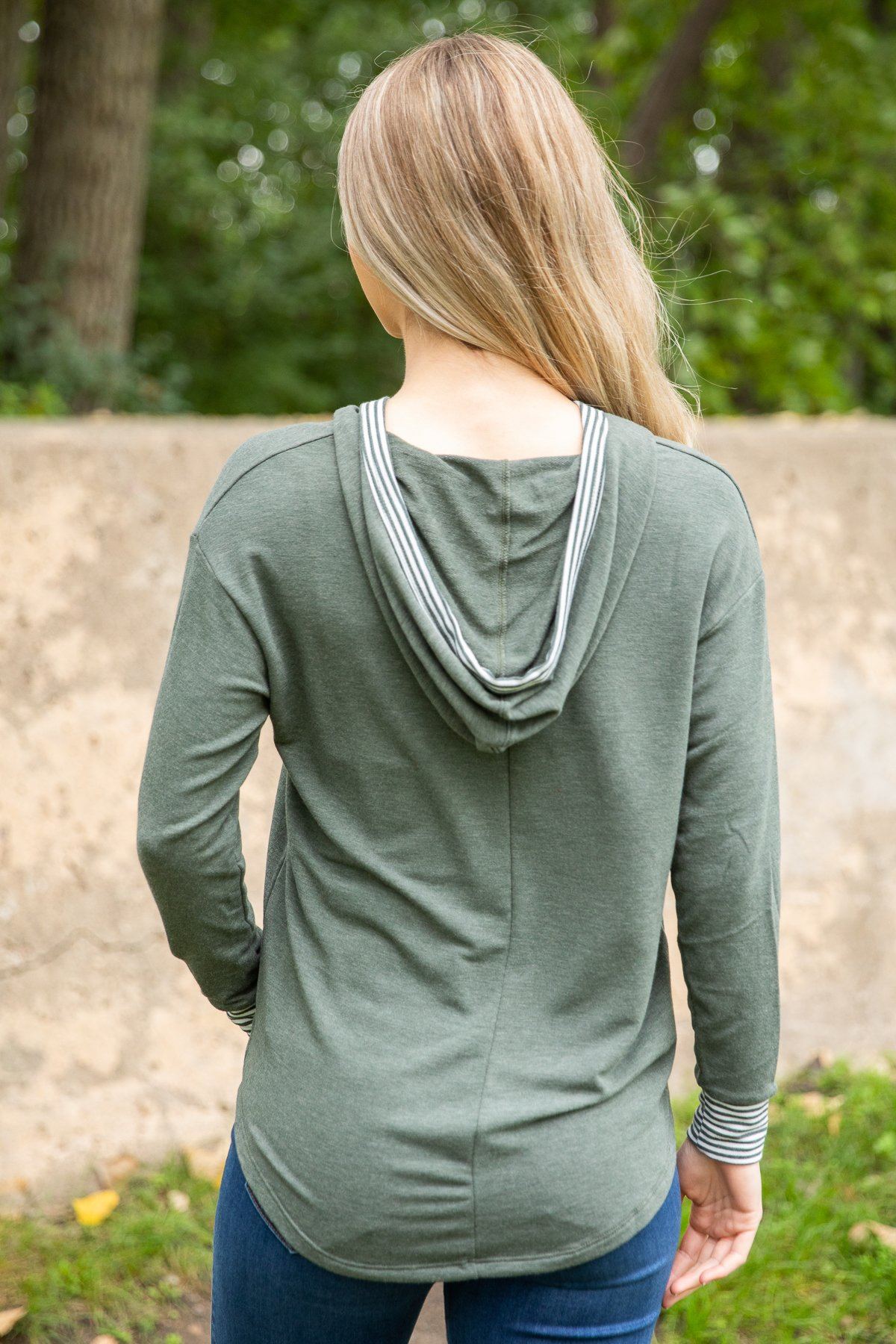 Olive Heathered Hooded Top with Stripe - Filly Flair