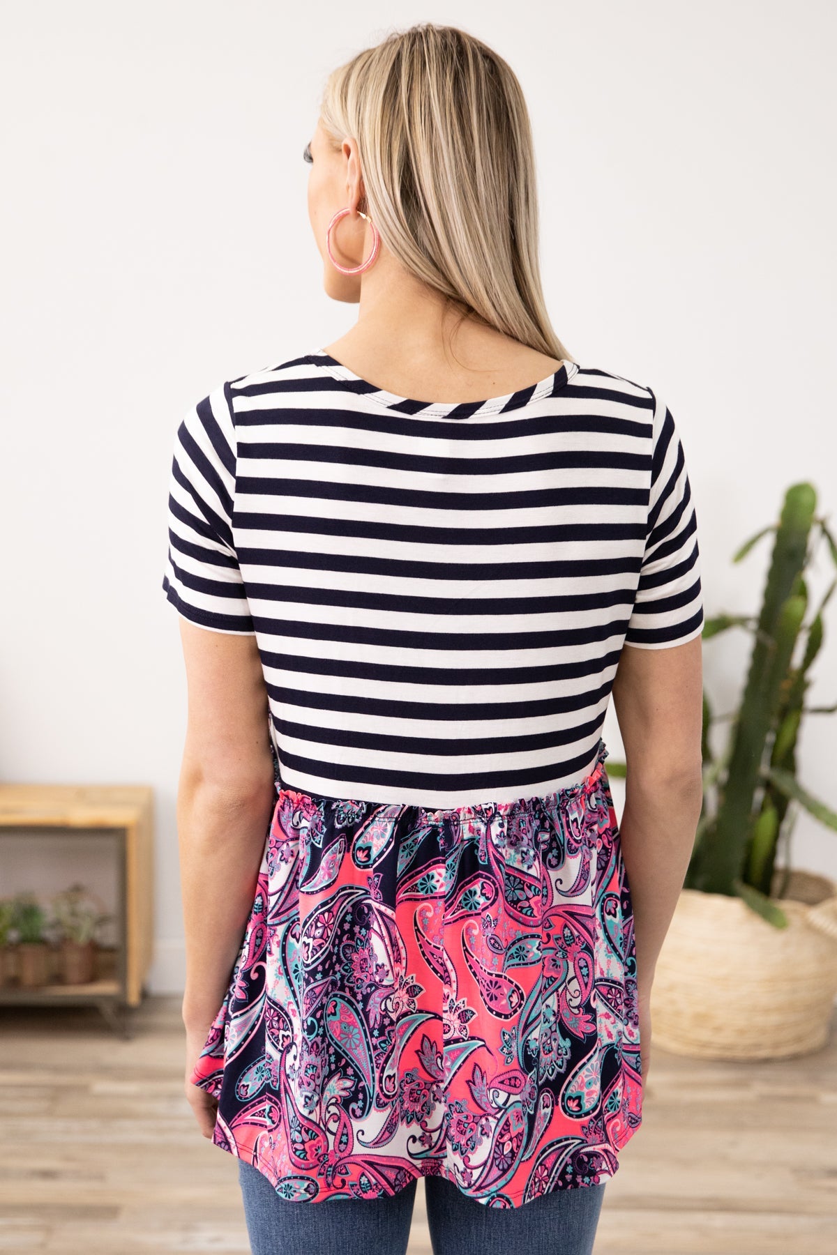 Navy and Pink Paisley Top with Stripe Bodice - Filly Flair
