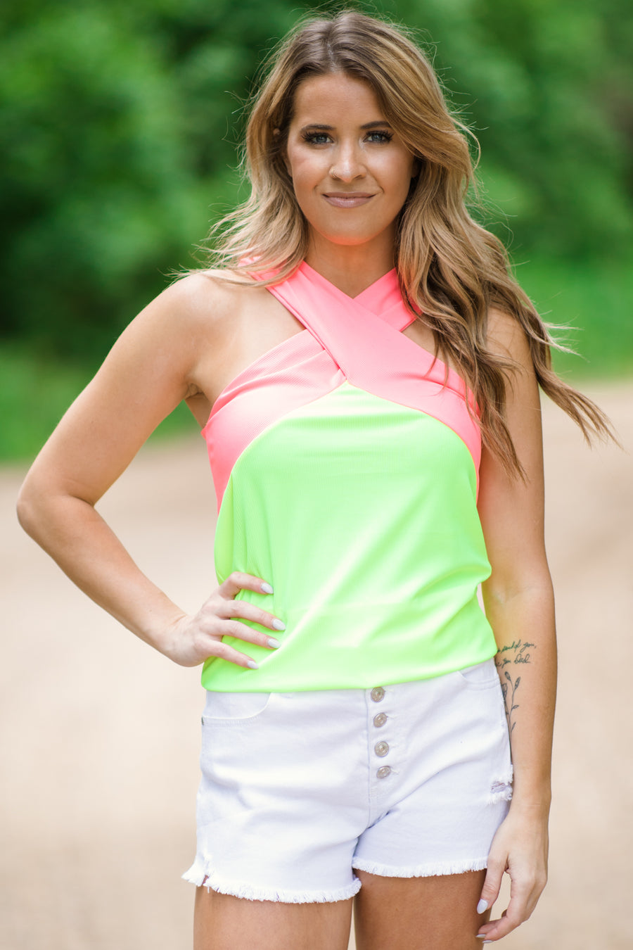 Neon Pink and Yellow Criss-Cross Strap Tank - Filly Flair