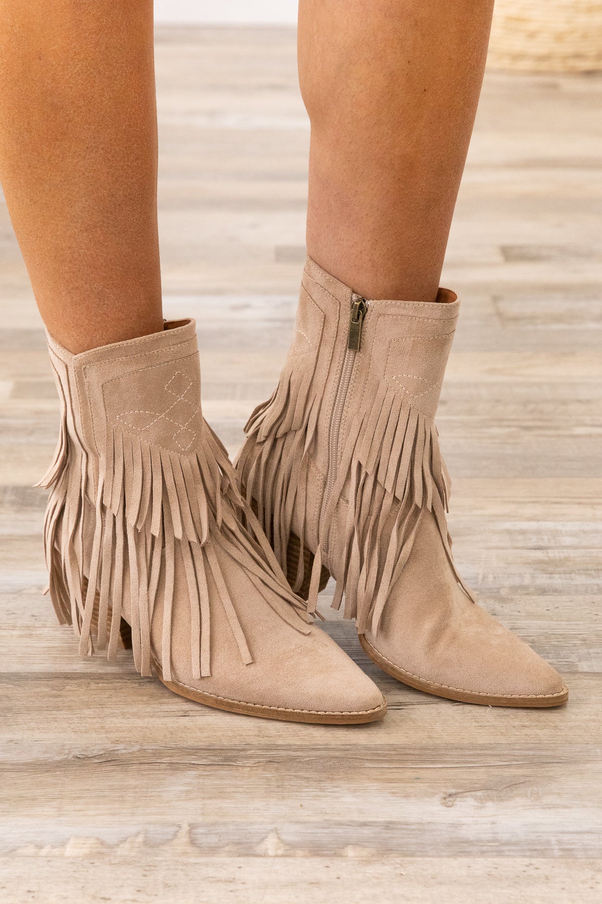 Oatmeal Fringe Pointed Toe Booties - Filly Flair