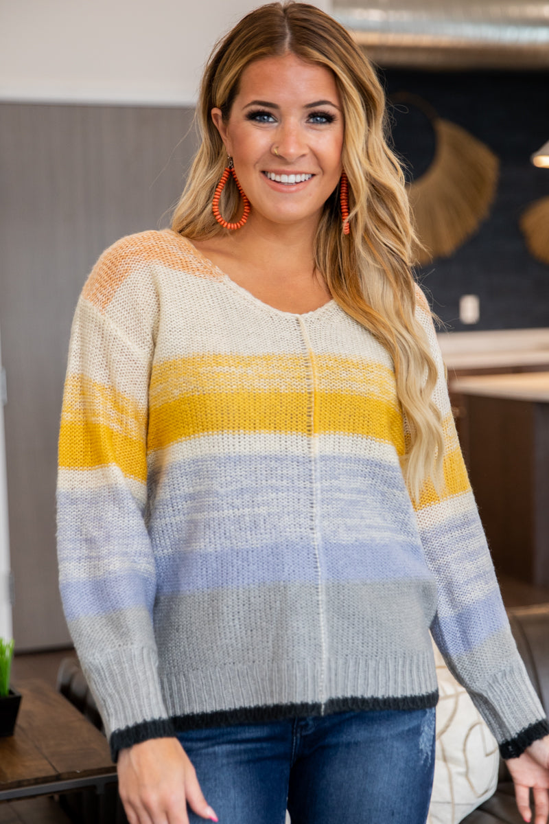 Dusty Blue Multicolor Ombre Stripe Sweater - Filly Flair
