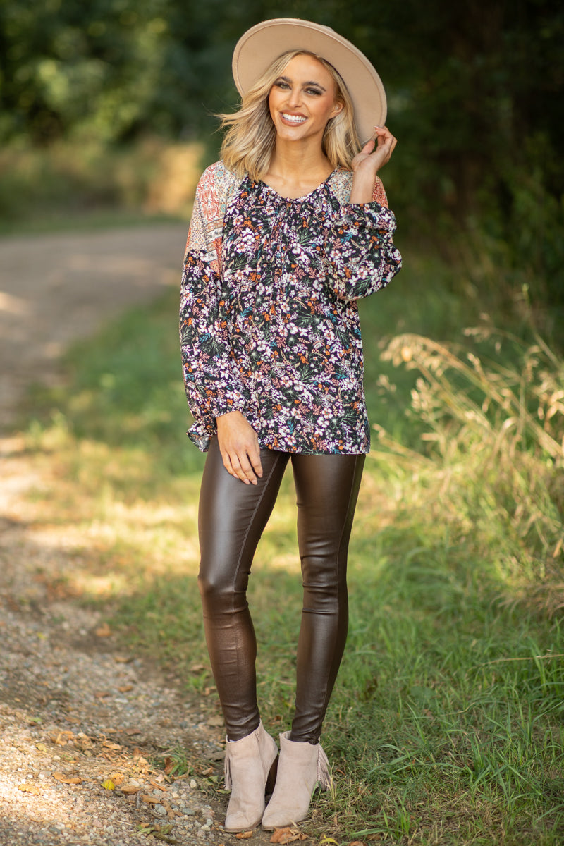 Black Multicolor Colorblock Floral Print Top - Filly Flair
