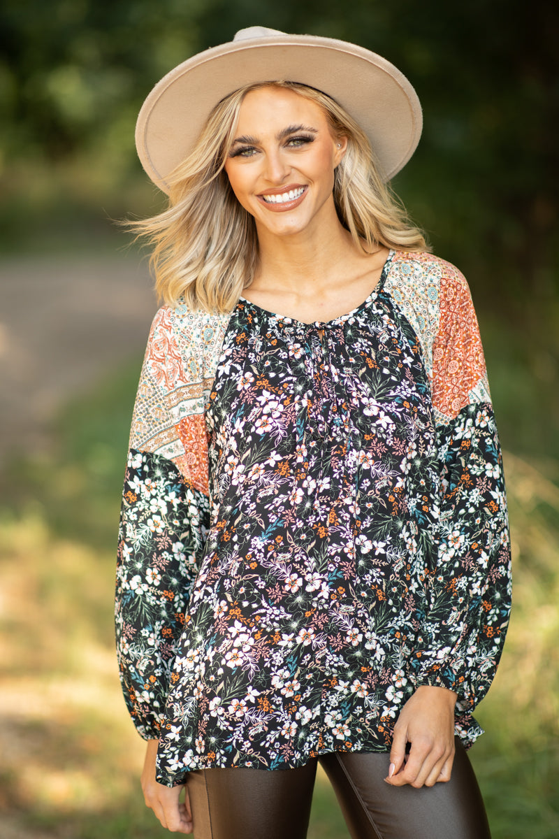 Black Multicolor Colorblock Floral Print Top - Filly Flair