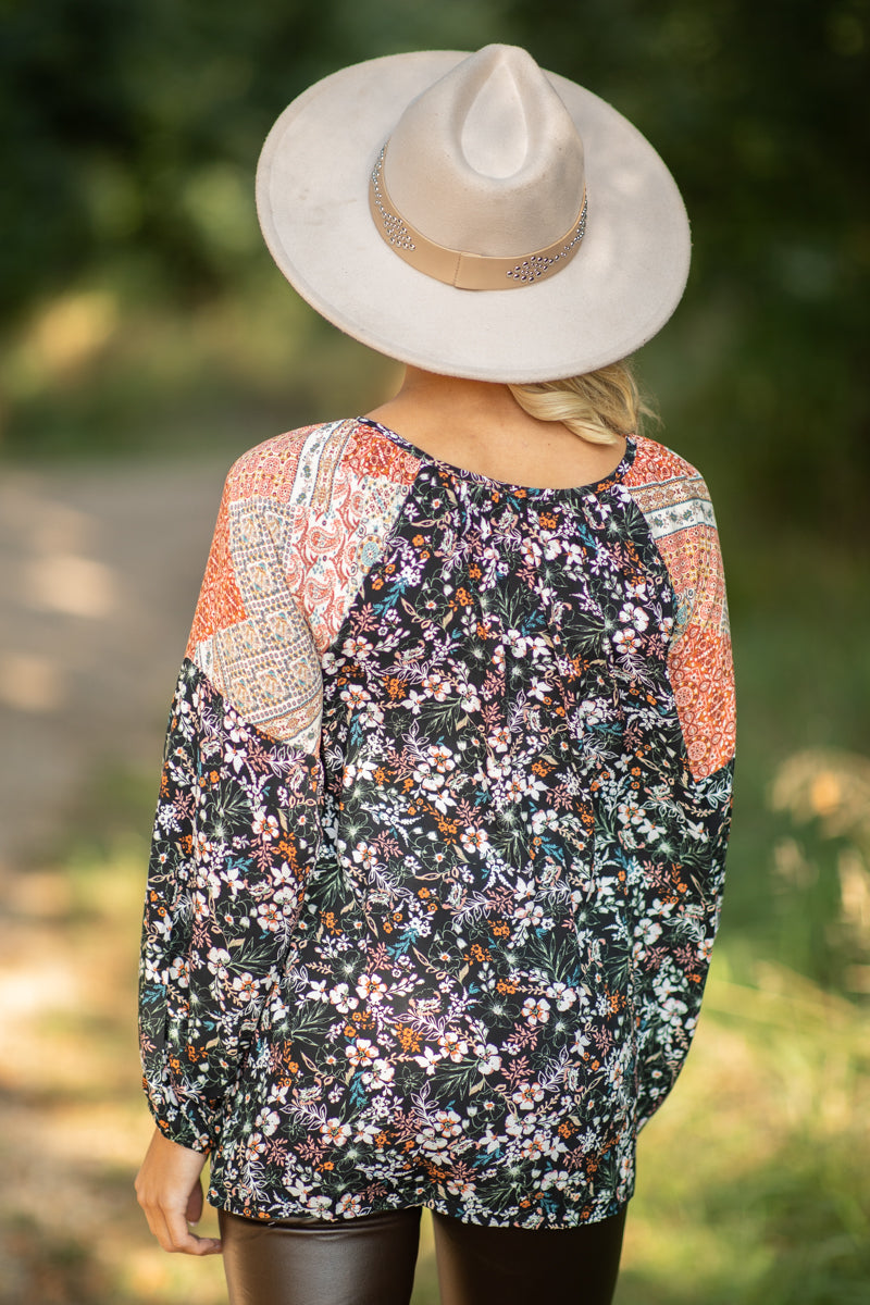 Black Multicolor Colorblock Floral Print Top - Filly Flair