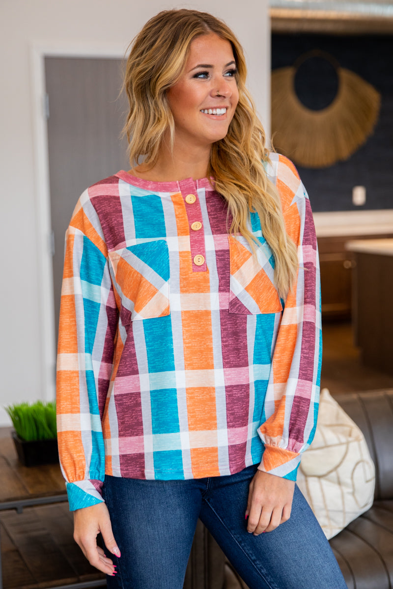 Aqua and Orange Multicolor Plaid Top - Filly Flair