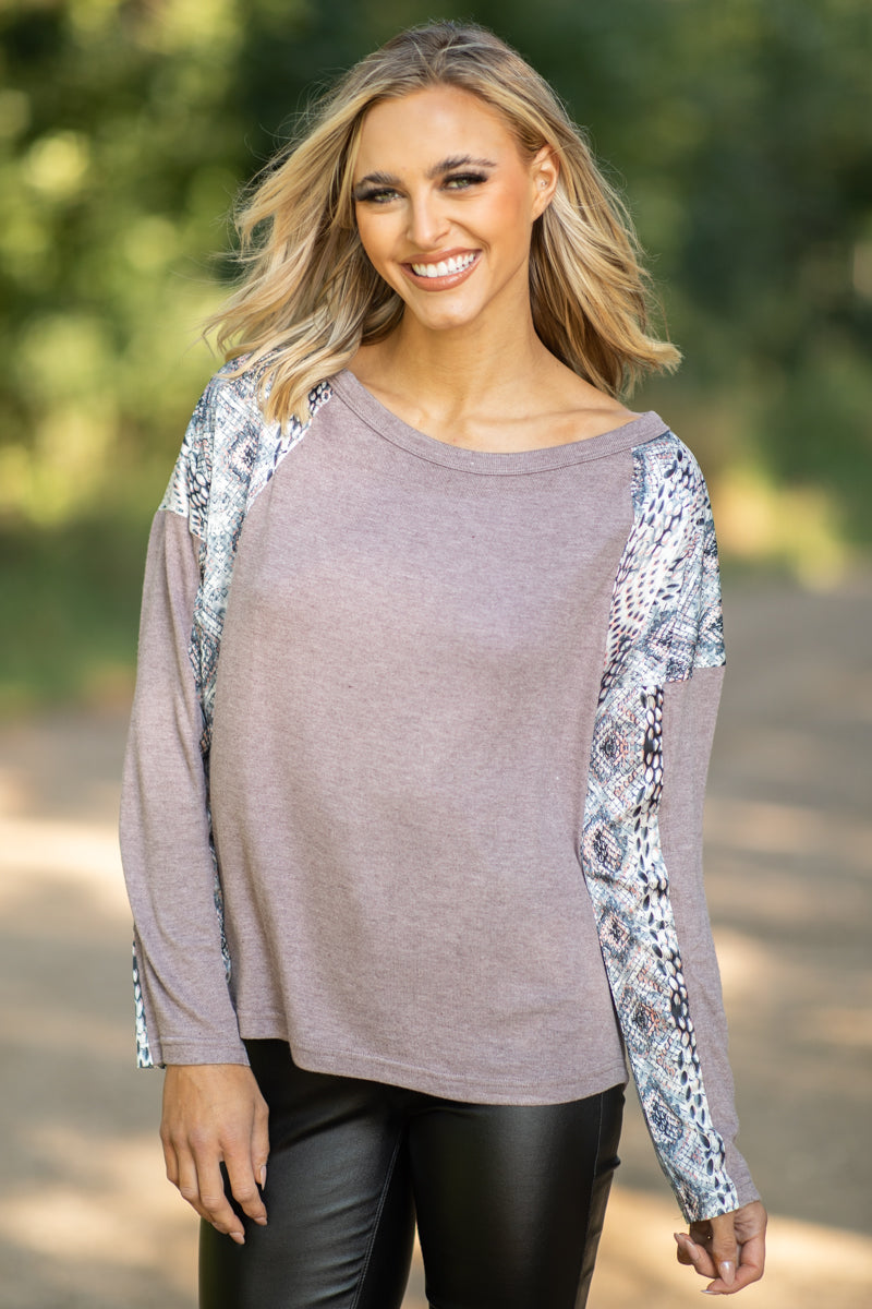 Mauve Multicolor Animal Print Sleeve Top - Filly Flair