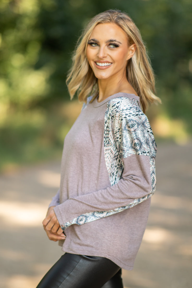 Mauve Multicolor Animal Print Sleeve Top - Filly Flair