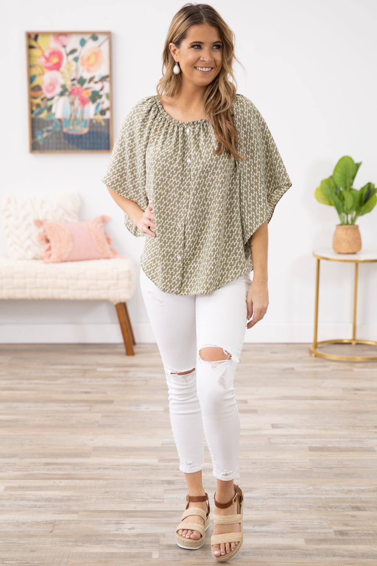 Olive Geometric Print Off the Shoulder Top - Filly Flair