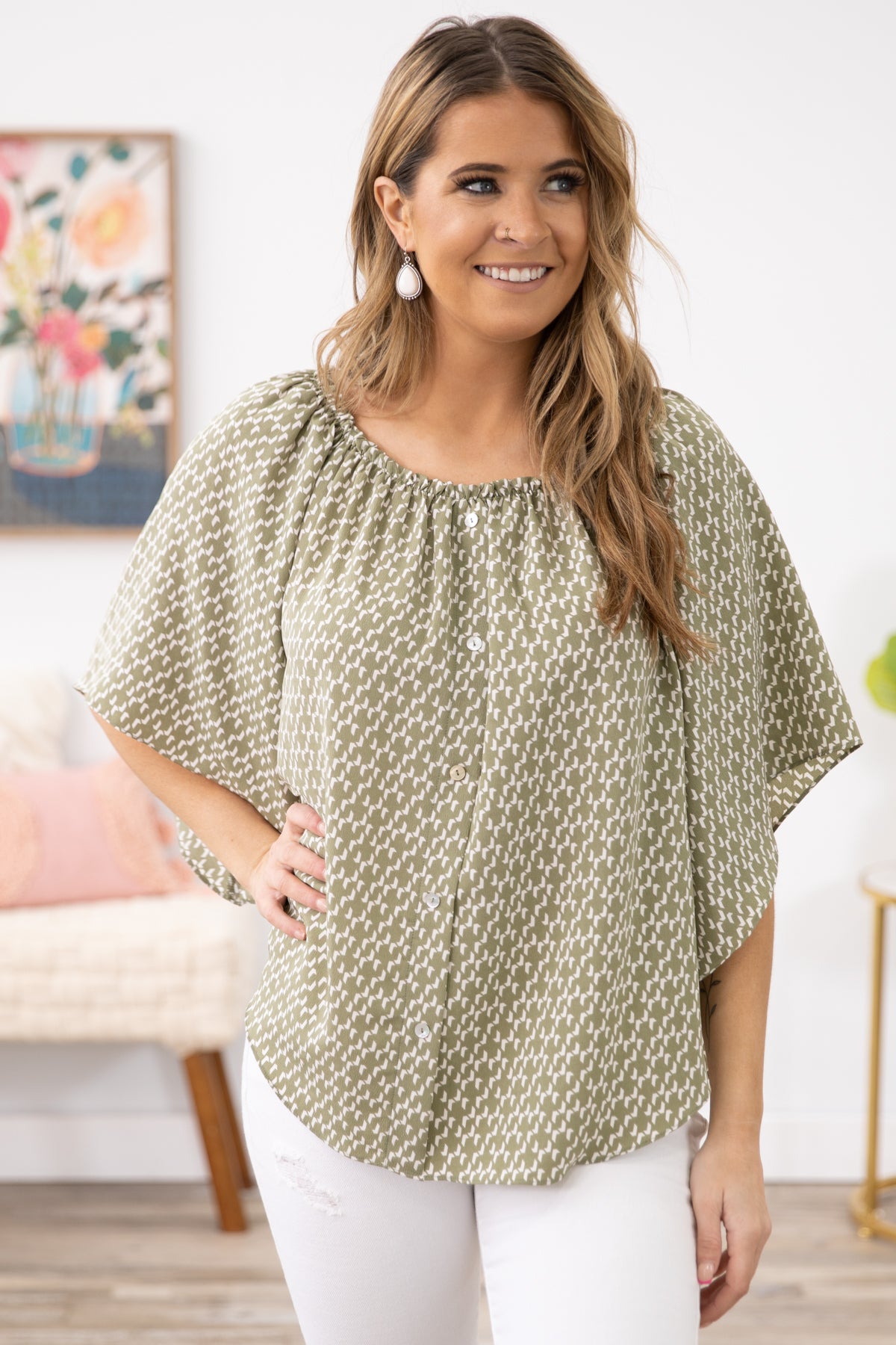 Olive Geometric Print Off the Shoulder Top - Filly Flair