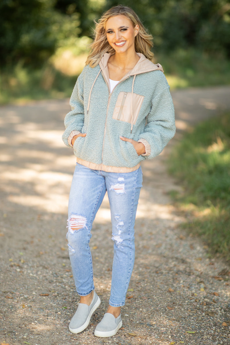 Ash and Tan Sherpa Jacket With Nylon Trim - Filly Flair
