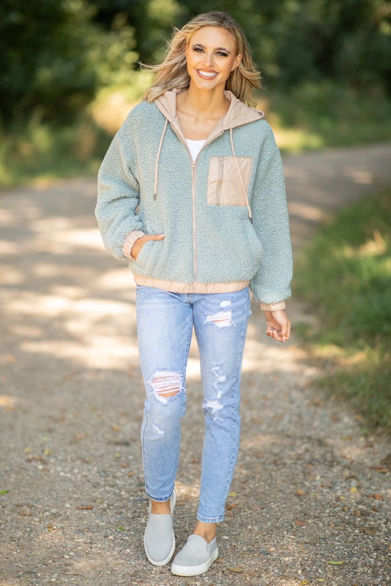 Ash and Tan Sherpa Jacket With Nylon Trim - Filly Flair
