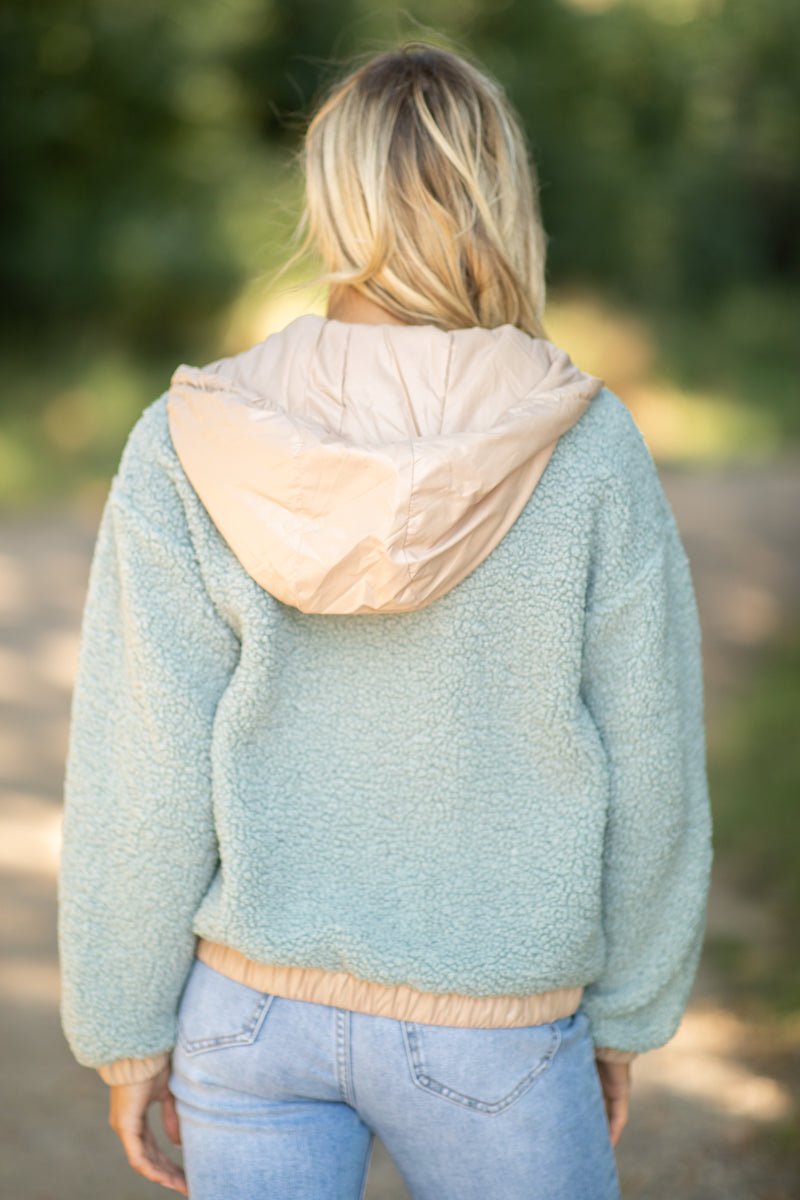 Ash and Tan Sherpa Jacket With Nylon Trim - Filly Flair