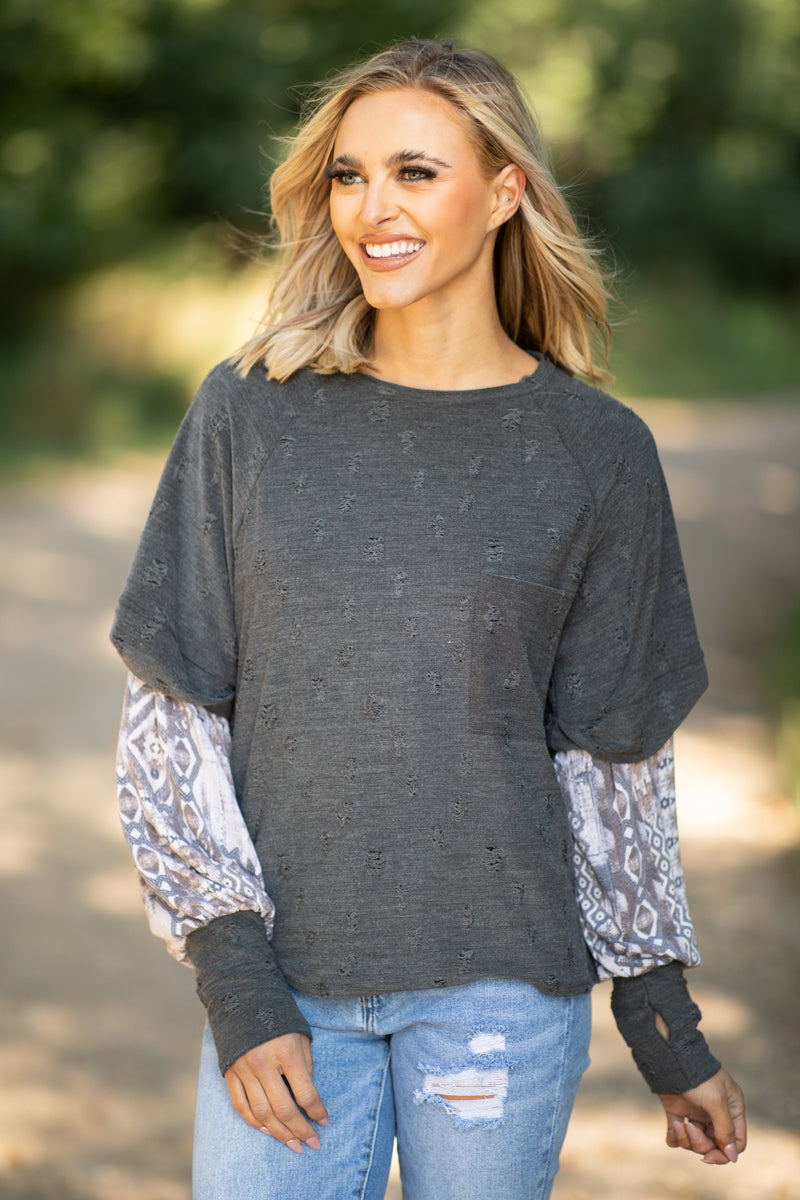 Charcoal Distressed Animal Print Sleeve Top - Filly Flair