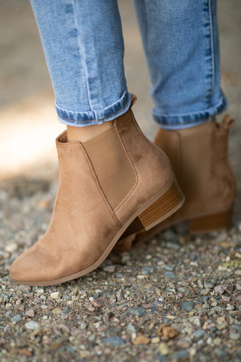 Tan Elastic Panel Faux Suede Booties - Filly Flair