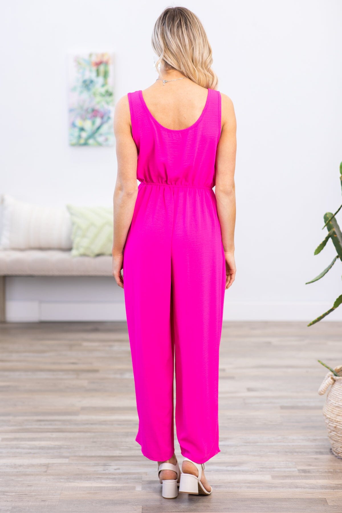 Hot Pink Sleeveless Jumpsuit With Pockets - Filly Flair