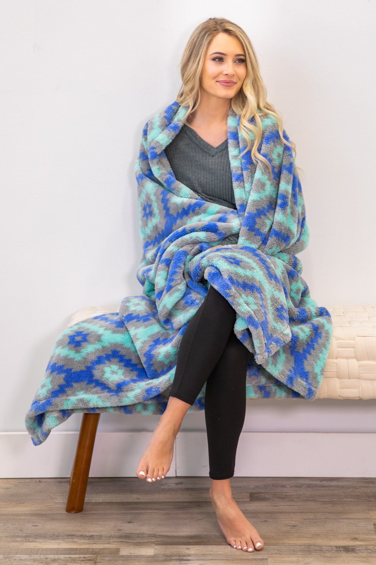 Turquoise and Grey Aztec Print Blanket - Filly Flair