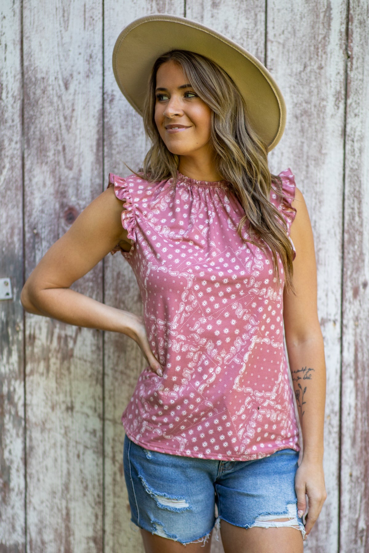Dusty Rose Ruffle Trim Paisley Patchwork Tank - Filly Flair