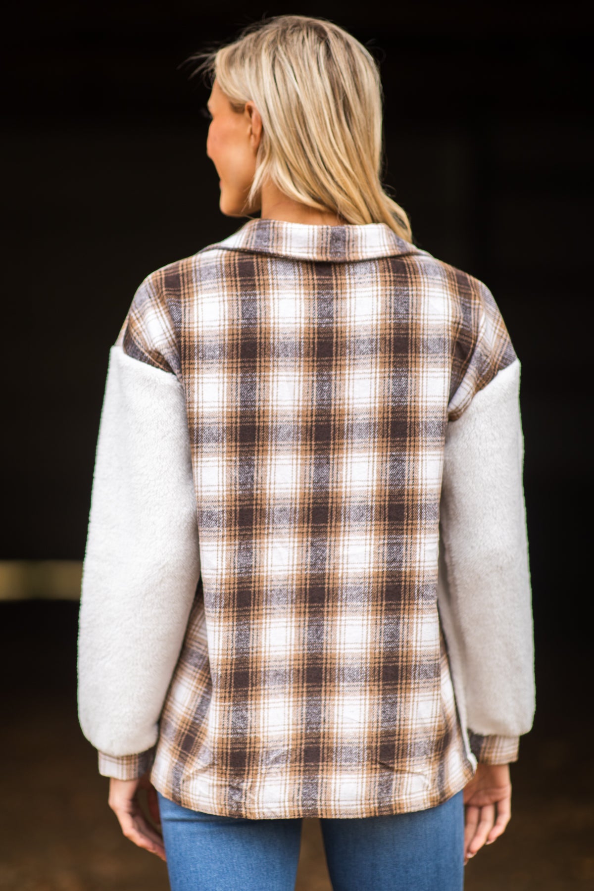 Brown and White Plaid Sherpa Shacket - Filly Flair