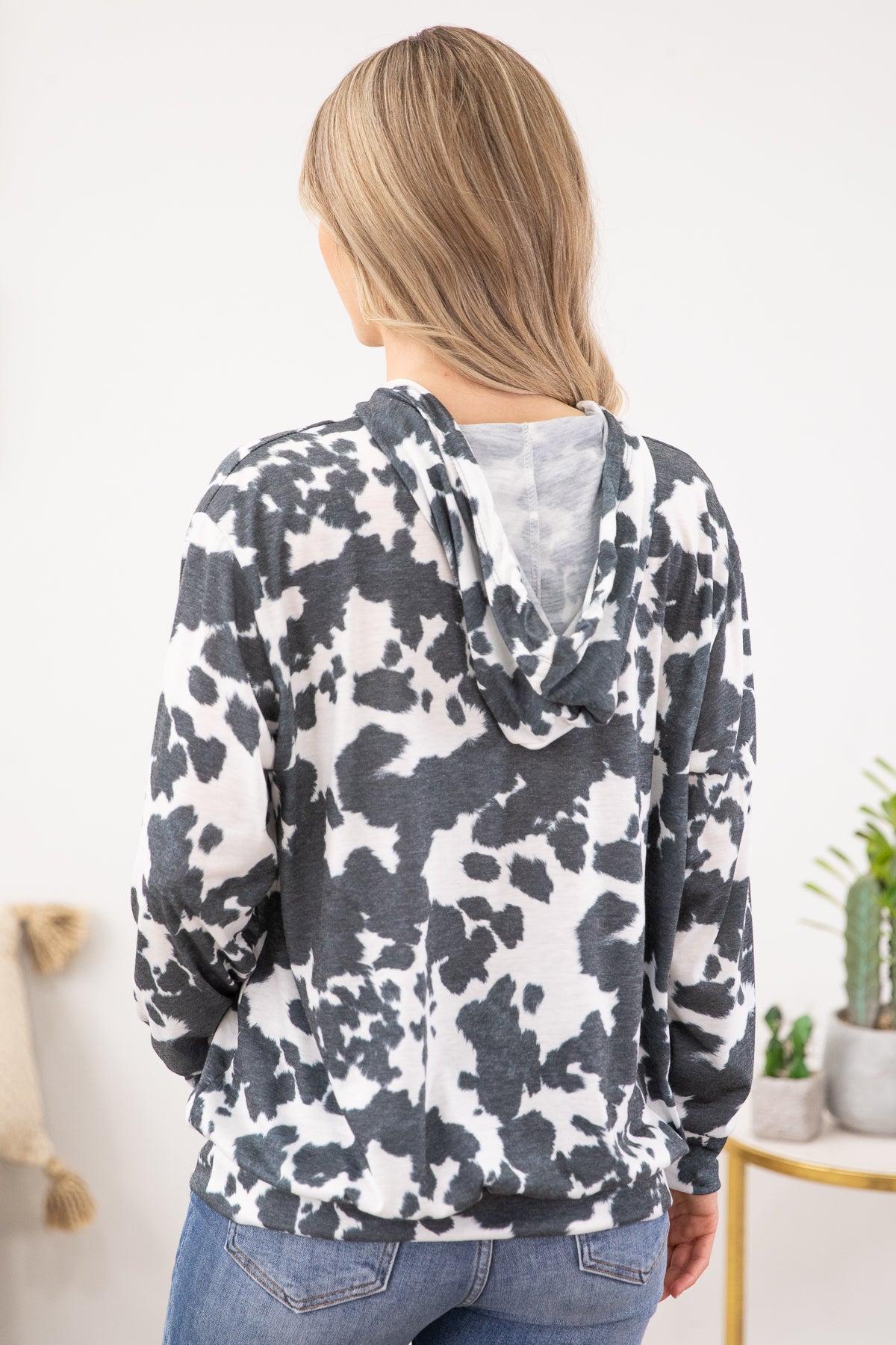 Charcoal and White Cow Print Hooded Top - Filly Flair