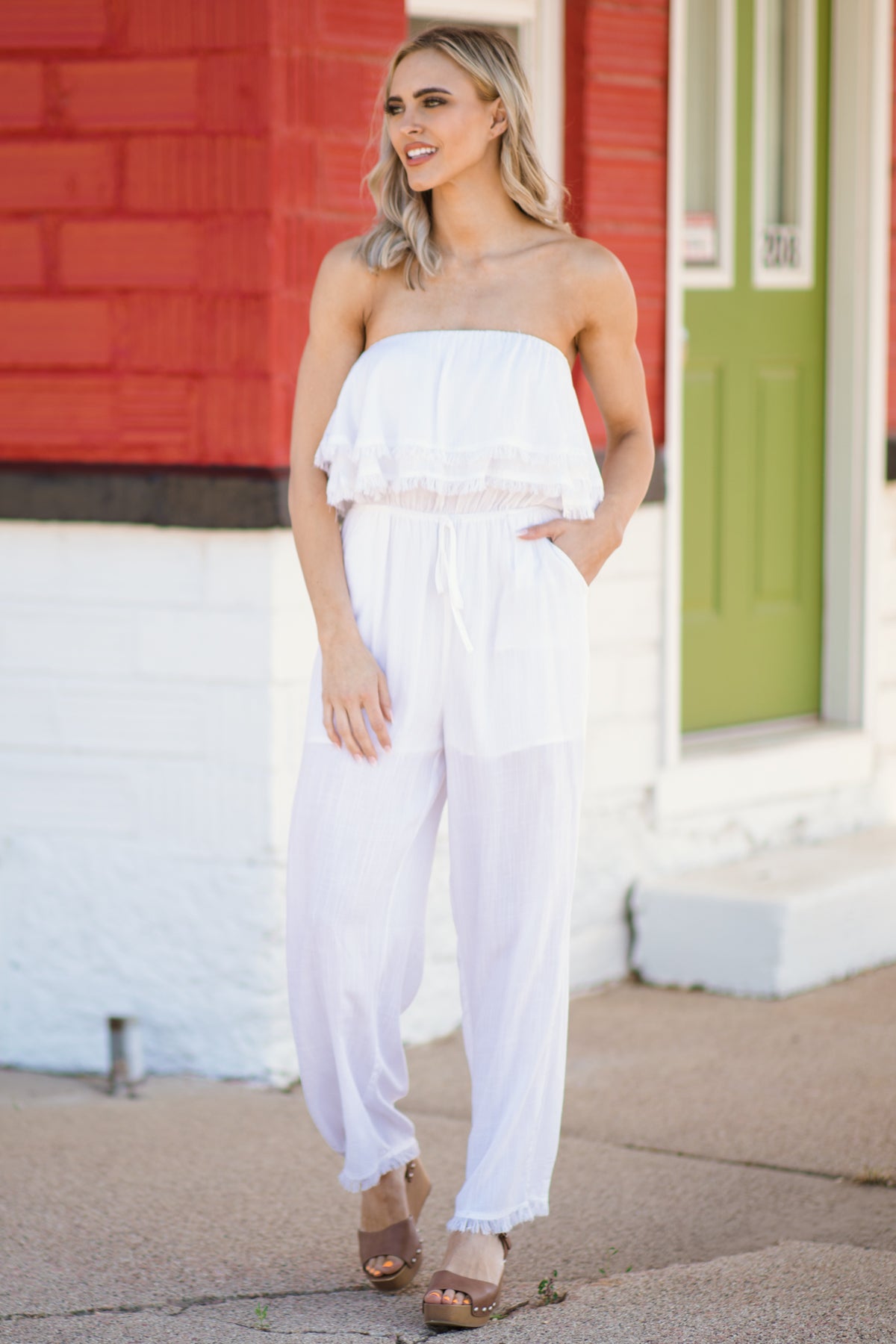 Off White Fray Hem Strapless Jumpsuit - Filly Flair