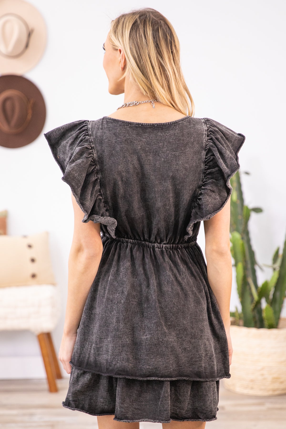 Charcoal Washed Surplice Ruffle Sleeve Dress - Filly Flair