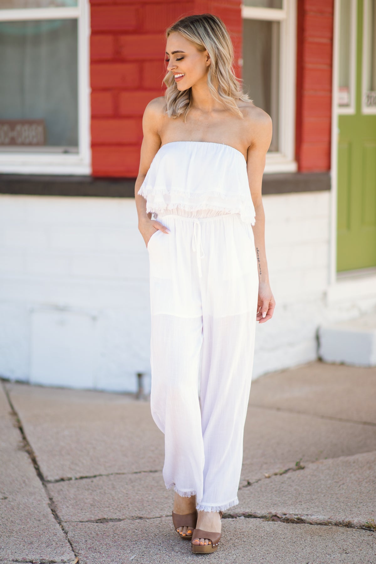 Off White Fray Hem Strapless Jumpsuit - Filly Flair