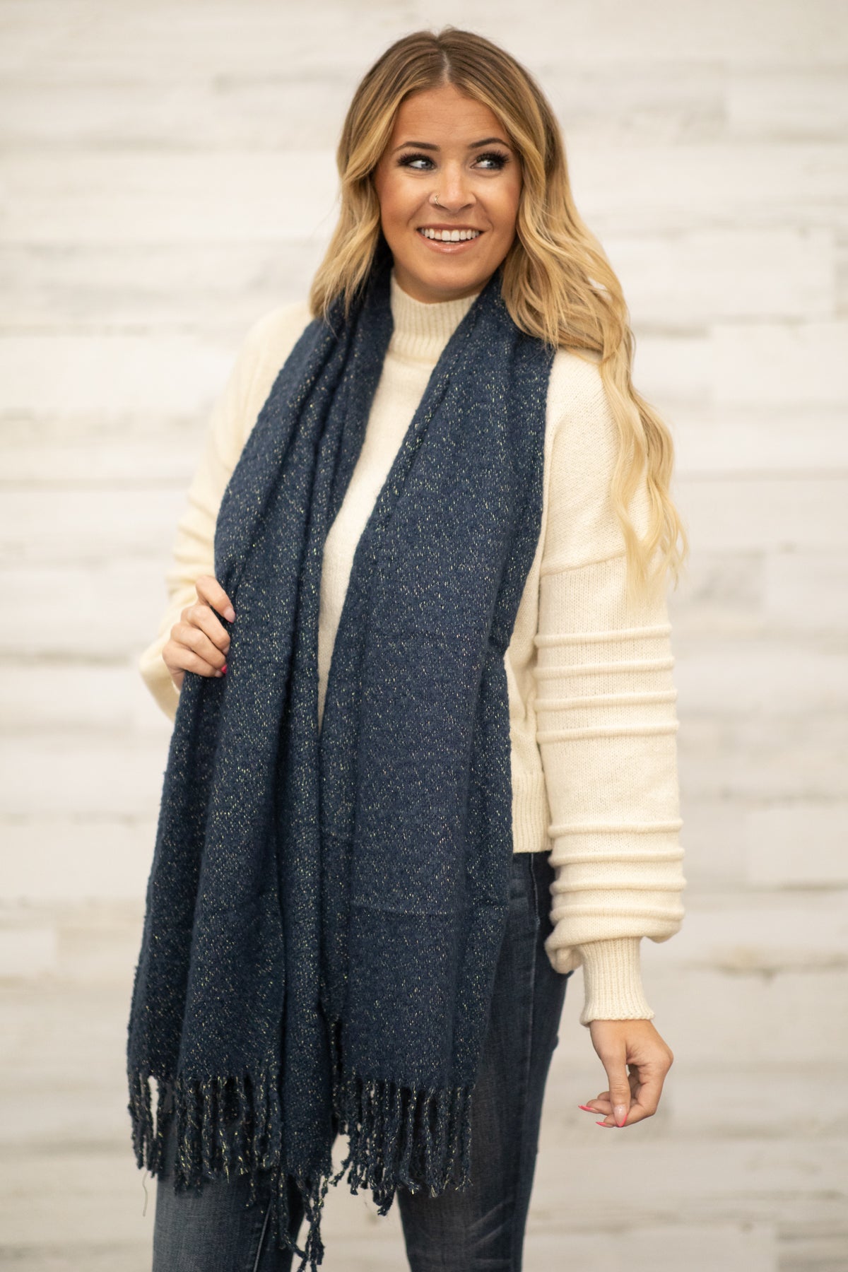 Navy Heathered Fringe Trim Scarf - Filly Flair