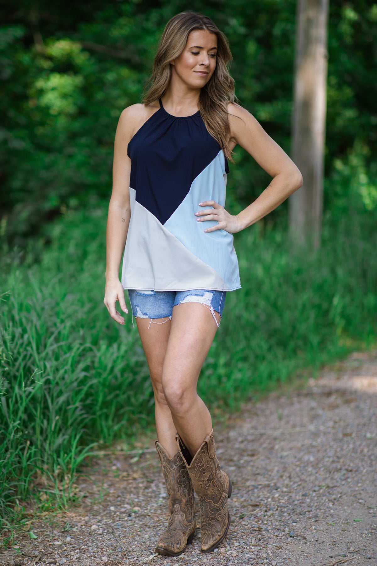 Navy and Baby Blue Colorblock Halter Tank - Filly Flair